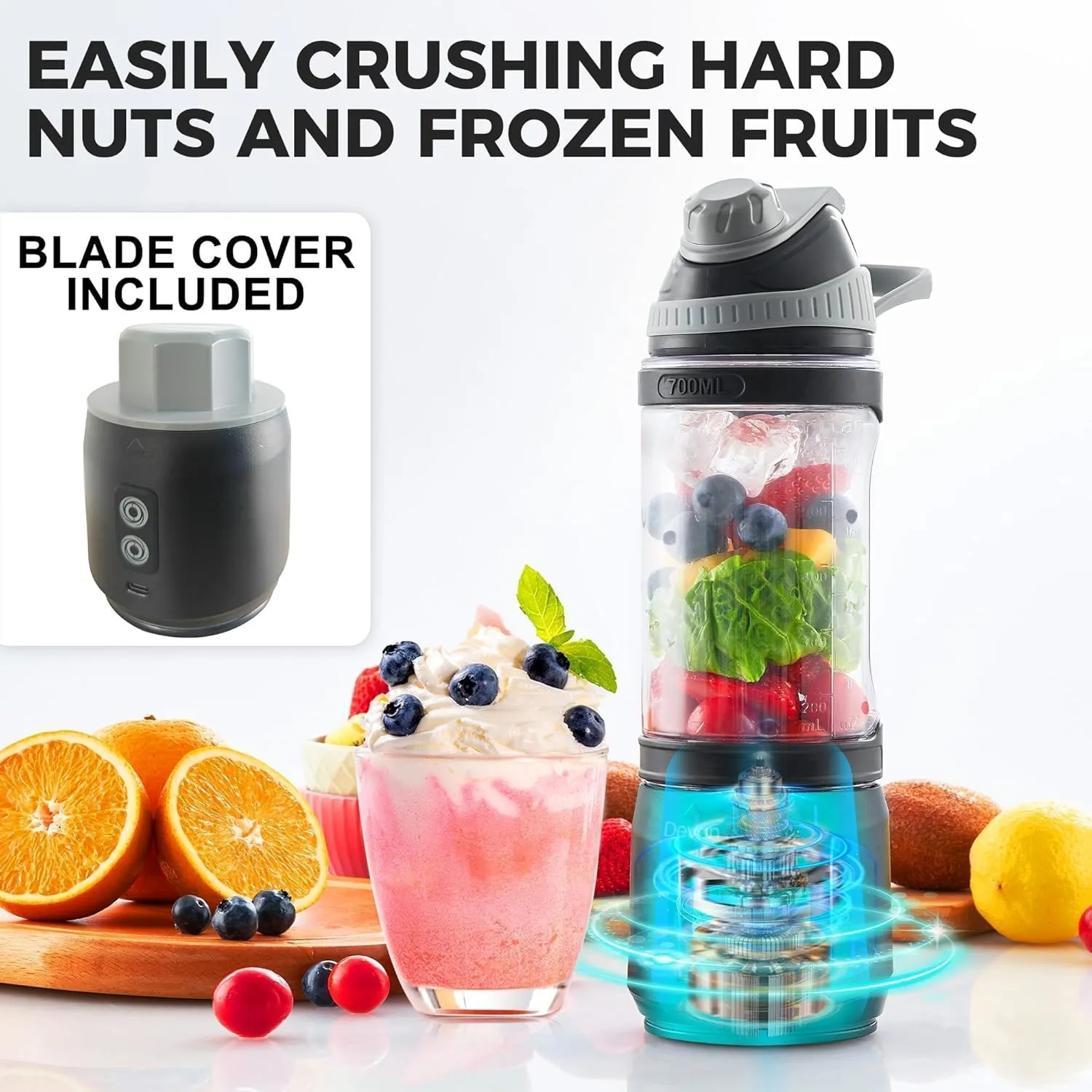 Portable Blender for Smoothies and Shakes, Anti-Jamming, 24oz USB-C Rechargeable, BPA-Free, Electric Protein Shaker Bottle with Travel Lid for Kitchen, Gym & Office.(Black Base Green Lid)