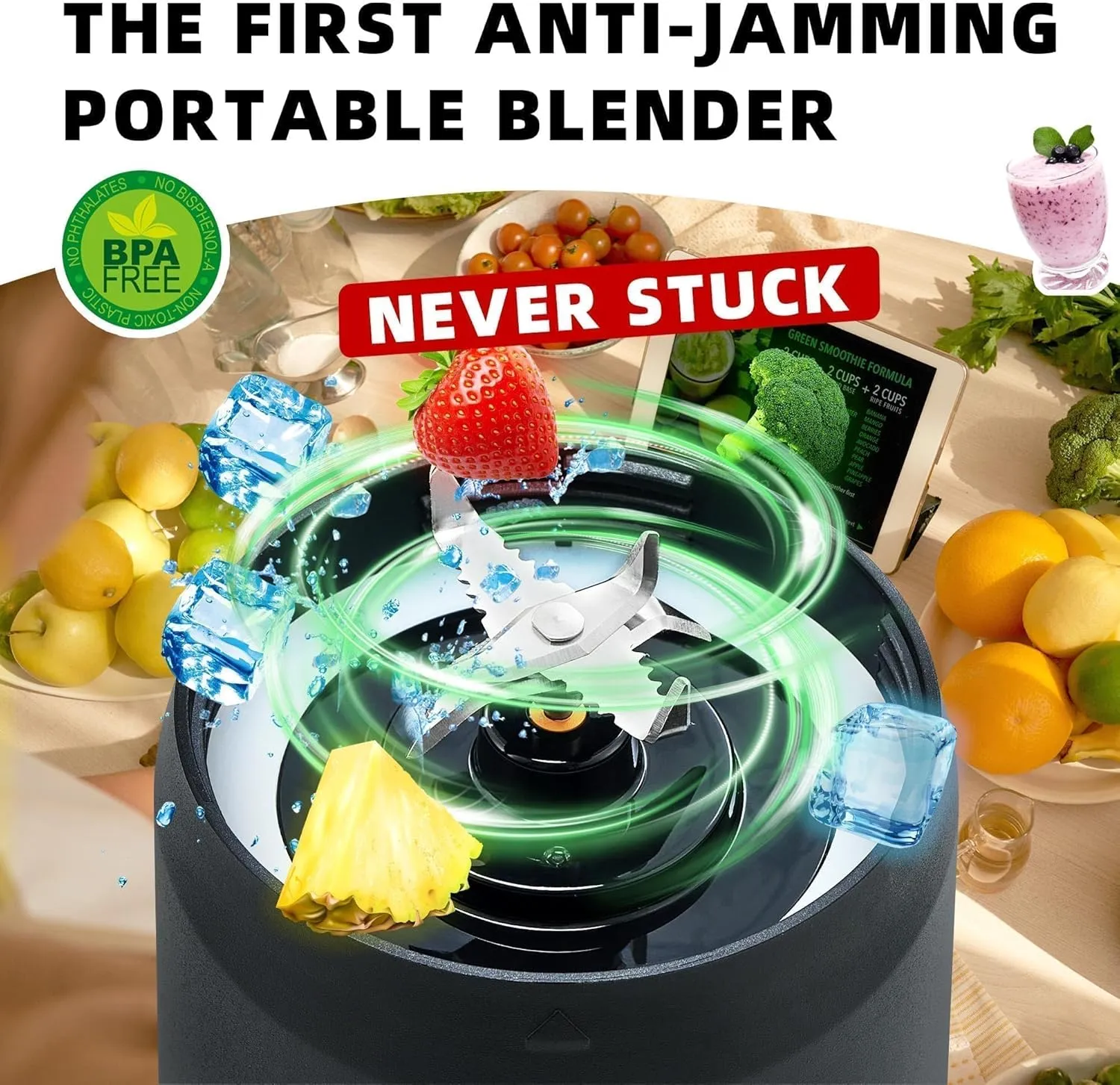Portable Blender for Smoothies and Shakes, Anti-Jamming, 24oz USB-C Rechargeable, BPA-Free, Electric Protein Shaker Bottle with Travel Lid for Kitchen, Gym & Office.(Black Base Green Lid)