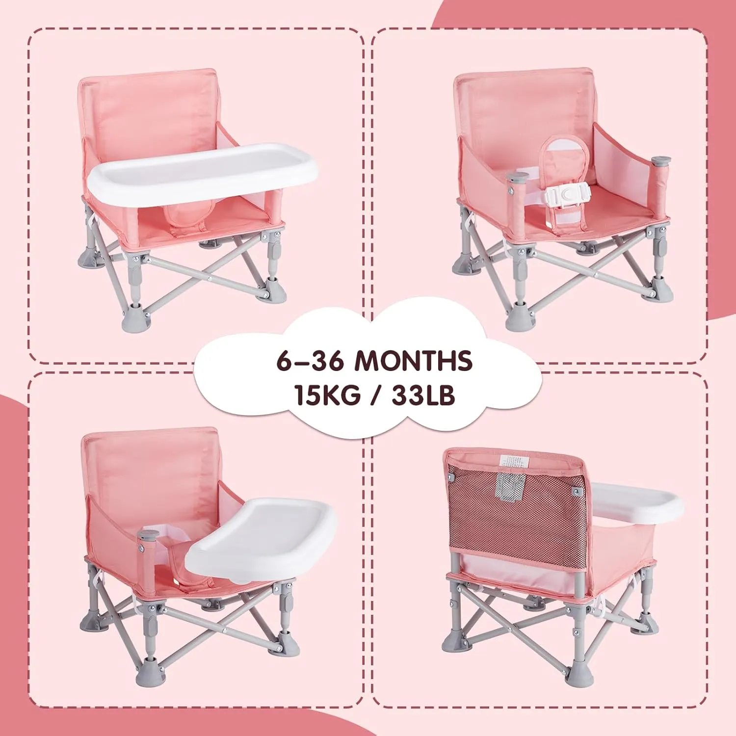 Portable Booster Seat, Toddler Baby Seat with Tray for Dining Table Compact Floor Chair for Camping Lawn Beach Babies Travel 6-36 Months