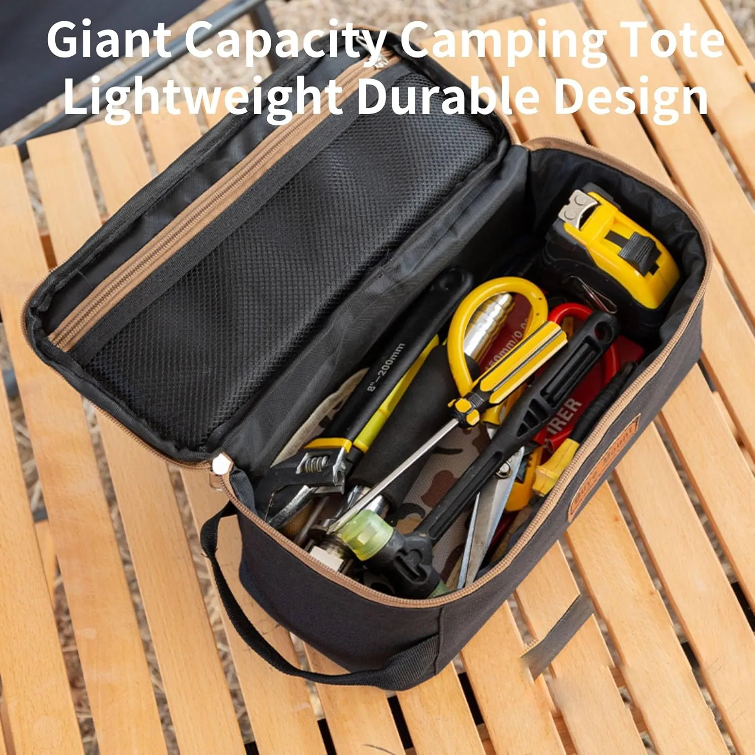 Portable Camping Organizer Bag, Large Capacity Multifunctional Storage Bag, Portable Pouch for BBQ Camp Cookware Kitchen Kit (Khaki)