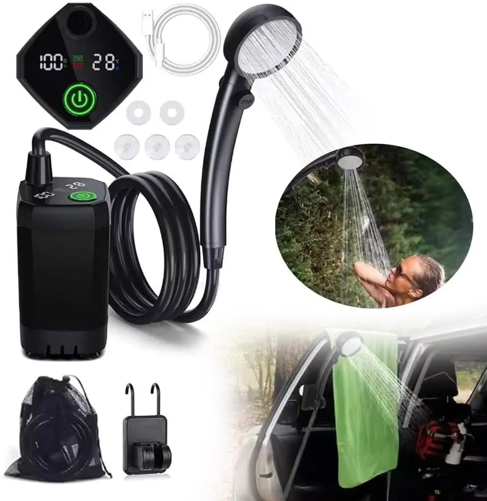 Portable Camping Shower Outdoor Camp Shower Pump,2025 New Upgrade Rechargeable Electric Shower Pump with Intelligent Digital Displa,IPX7 Waterproof Outdoor Camp Pump for Hiking, Travel, Car, Pet