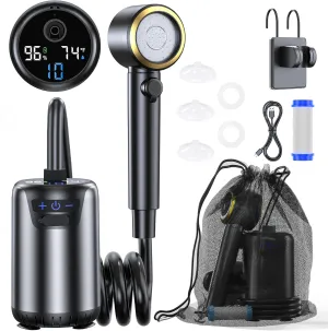 Portable Camping Shower, Upgraded Outdoor Shower with Fahrenheit Display & 8000mAh Rechargeable Battery Pump IPX8 Waterproof for Camp, Hiking, Car Washing
