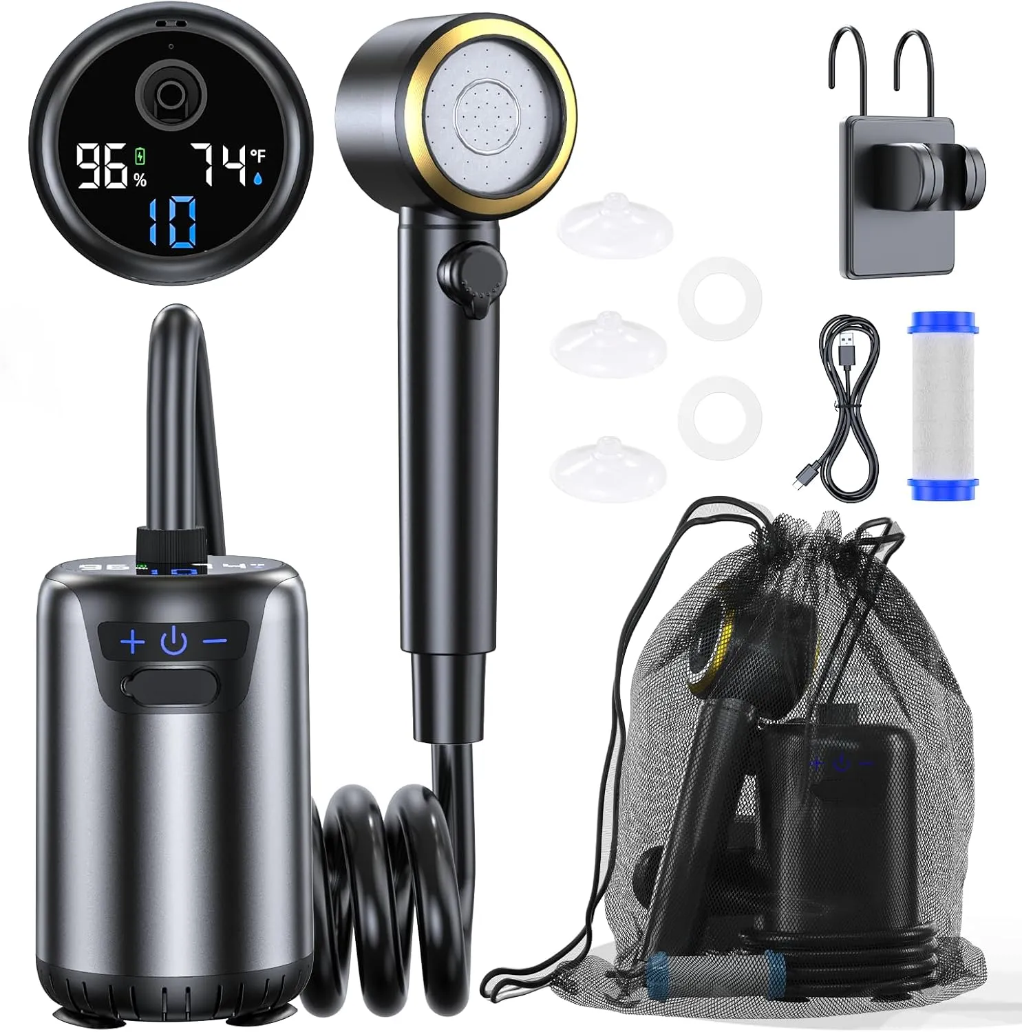 Portable Camping Shower, Upgraded Outdoor Shower with Fahrenheit Display & 8000mAh Rechargeable Battery Pump IPX8 Waterproof for Camp, Hiking, Car Washing