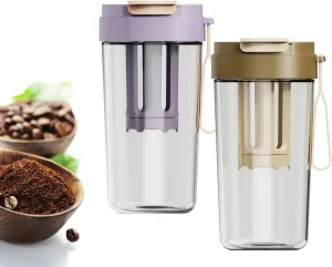 Portable Cold Brew Coffee Tumbler, Cold Brew Cup with Lid and Straw, Portable Cold Brew Cup with Fine Mesh Filter, Cold Brew Tumbler for Fridge, Ice Brew Bottle for Tea Coffee (2 Pcs)