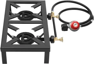 Portable Double Burner Outdoor Gas Stove Propane Cooker with Adjustable 0-10Psi Regulator Hose for Patio Camping, BBQ, Home Brewing, Turkey Fry, Maple Syrup Prep, Etc