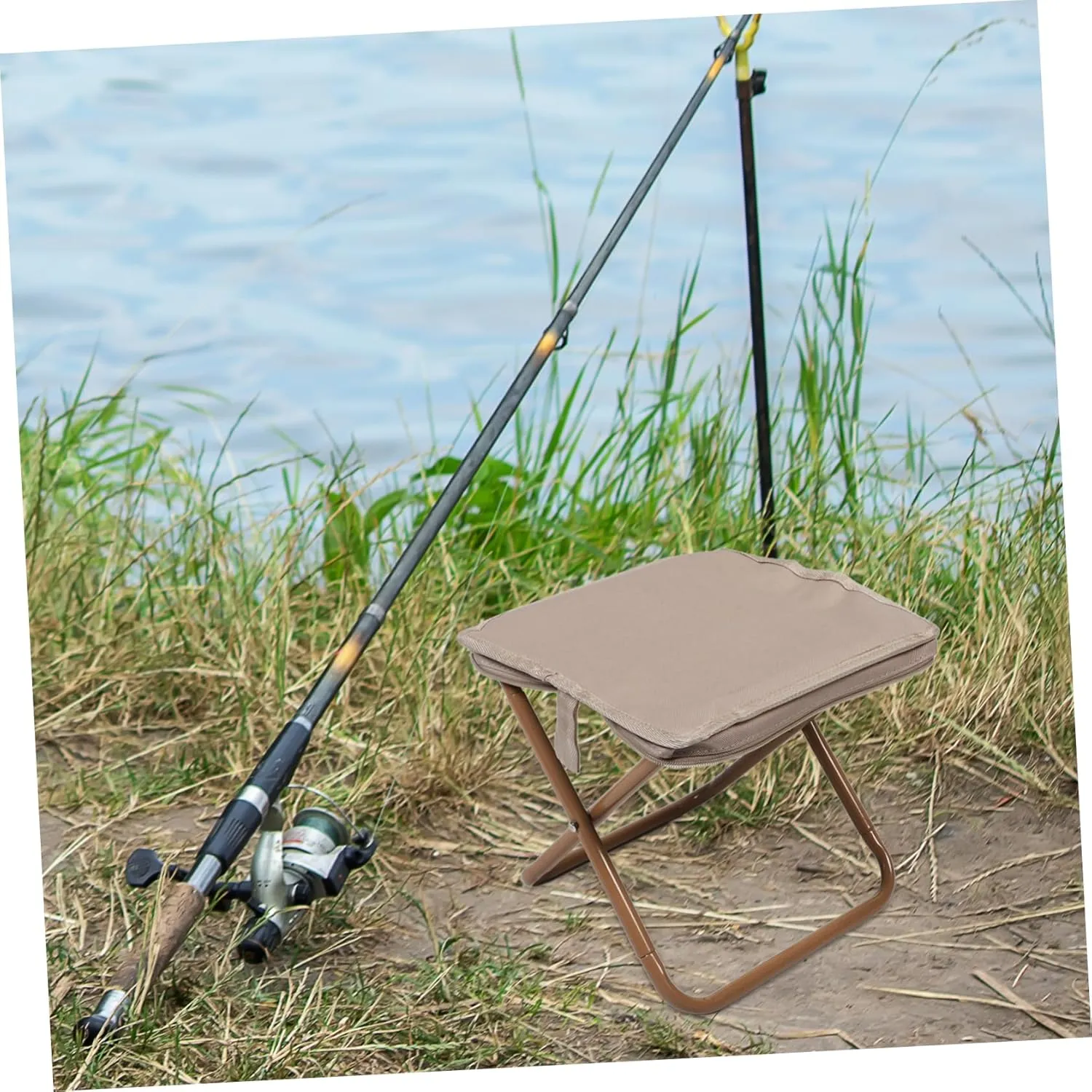 Portable Folding Camp Stool Stylish Khaki Zippered Case Oxford Chair for Fishing Hiking Bbqs Picnics and Outdoor Events Lightweight and Compact Design