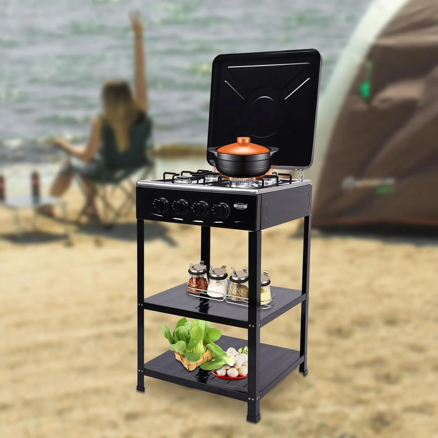 Portable Grill Gas Stove with 4 Burners, Heavy Duty Propane Gas Cooker Bbq Grill Camping Stove with Support Leg Bracket 2 Storage 300000 BTU Stove Propane for Cafeteria, Apartment, Outdoor Cooking