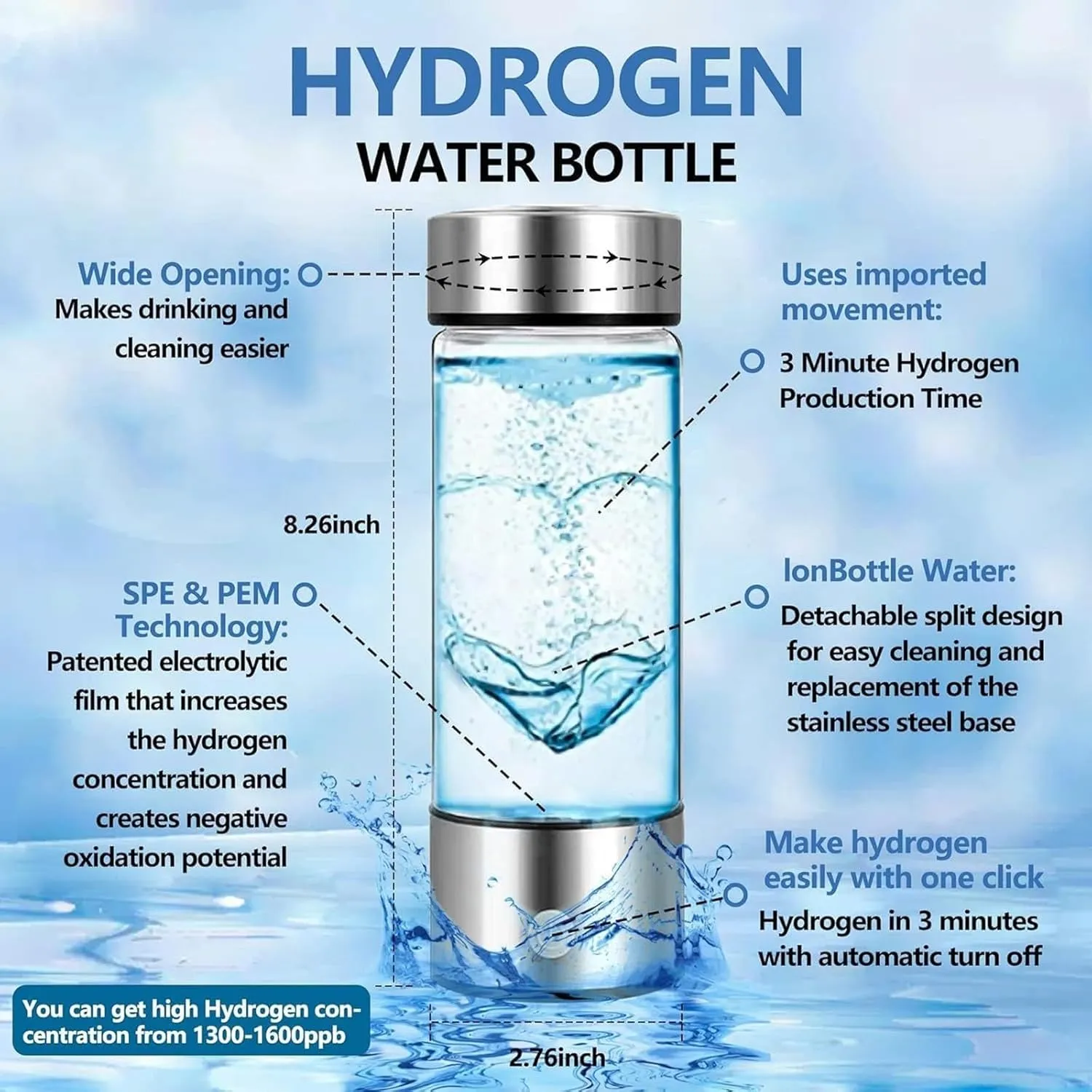 Portable Hydrogen Water Ionizer Machine, Hydrogen Water Bottle, Hydrogen Water Bottle Generator, Hydrogen Rich Health Cup Alkaline Ionizer Generator Used for Home Office Travel(B)