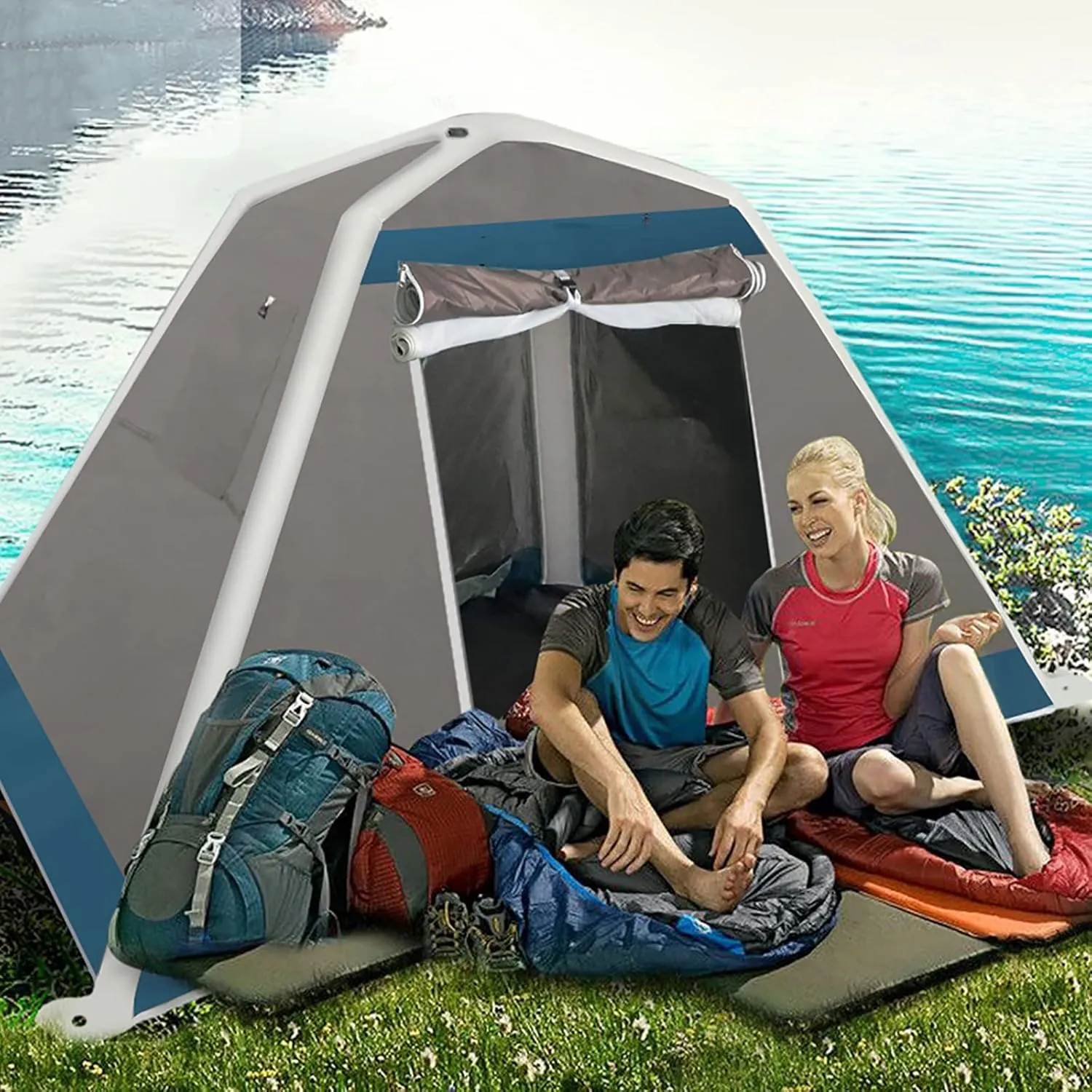 Portable Inflatable Tent, 2-3 Persons Ultralight Backpackitents for Campi- Easy Set up Instant Tent with Air Pump and Carry Bag for Family, Outdoor, Camping, Hiking (Blue a)
