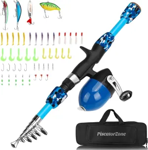 Portable Kids Fishing Pole Spinning Rod and Reel Combos Travel Fishing Rod Set with Full Kits Carrier Bag for Sea Saltwater Freshwater Fishing