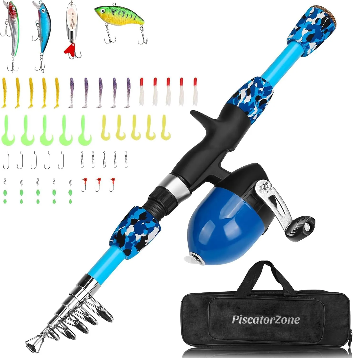 Portable Kids Fishing Pole Spinning Rod and Reel Combos Travel Fishing Rod Set with Full Kits Carrier Bag for Sea Saltwater Freshwater Fishing
