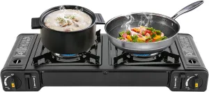 Portable Propane Camping Stove with 2 Burners Grill Tray and Adjustable Heat for Outdoor Cooking and Boiling