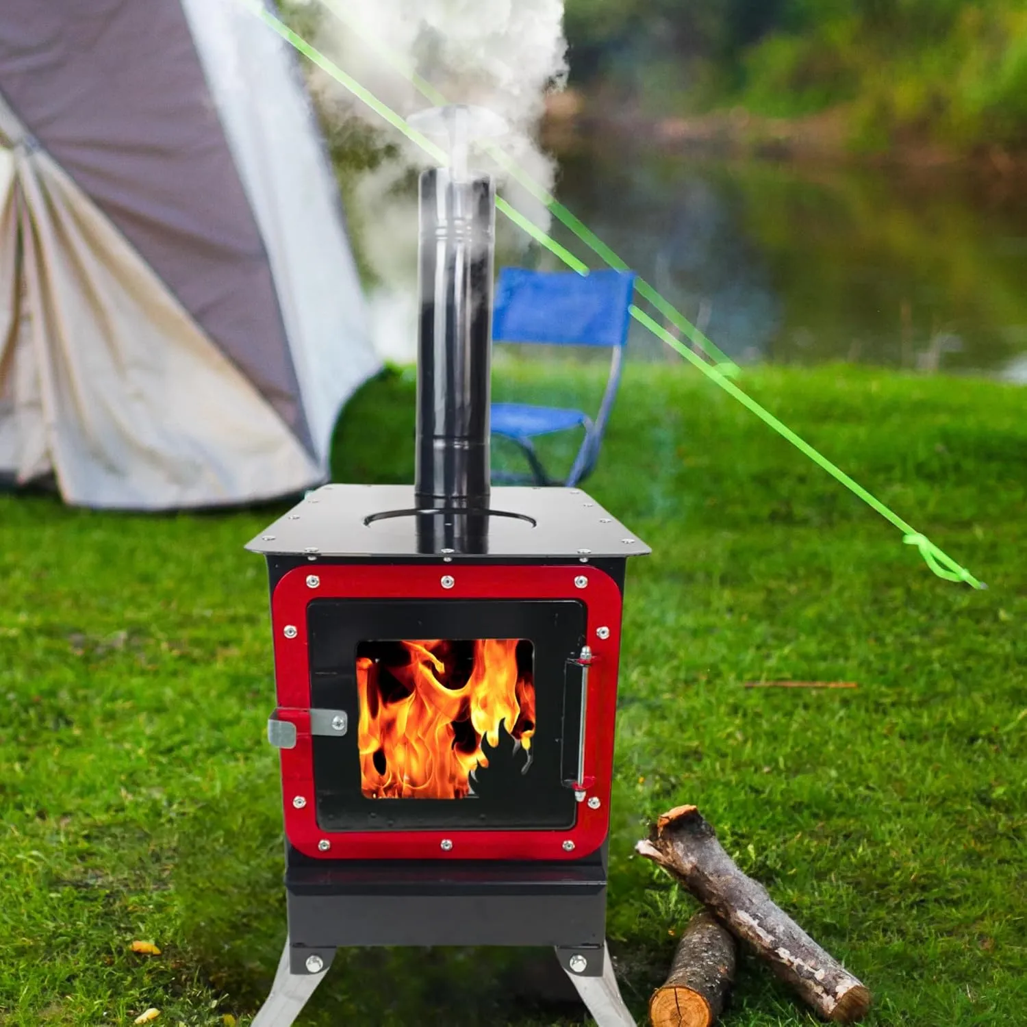 Portable Wood Stove – Glass Door, Foldable Legs, Ash Tray | Durable Heater for Camping, RV, Tent, and Small Spaces (Gray)