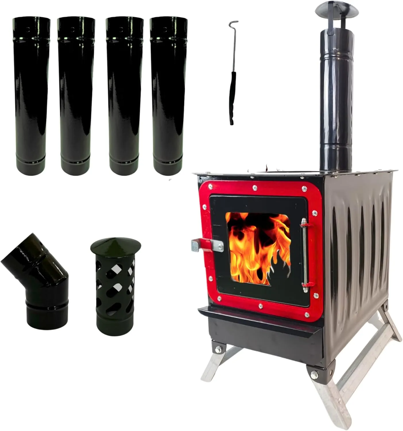 Portable Wood Stove – Glass Door, Foldable Legs, Ash Tray | Durable Heater for Camping, RV, Tent, and Small Spaces (Gray)