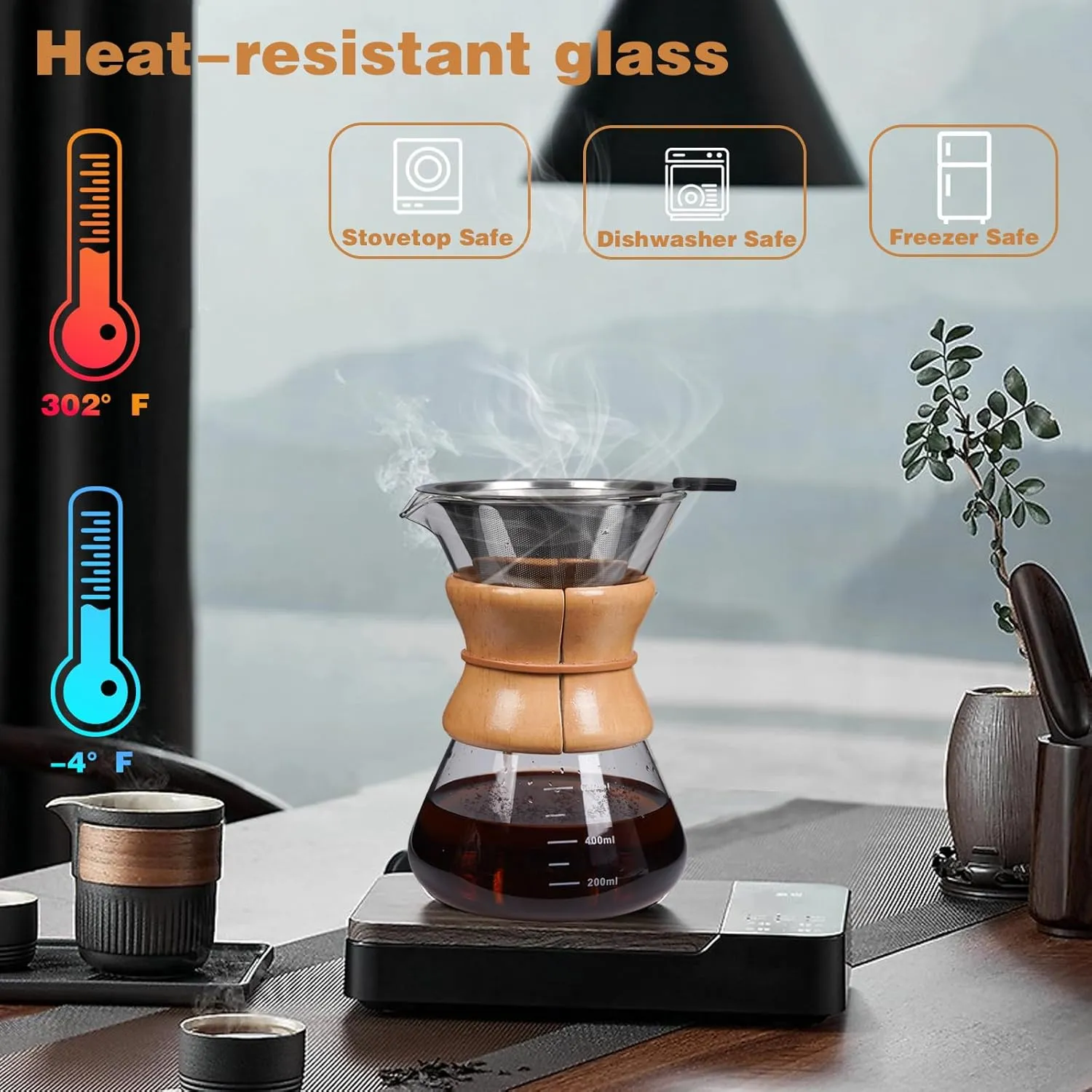 Pour Over Coffee Maker with Reusable Stainless Steel Drip Filter, Lead-Free Borosilicate Glass Coffee Carafe with Modern Wooden Collar for 1-2Cup, Circular Clear (400ml/13.5oz)