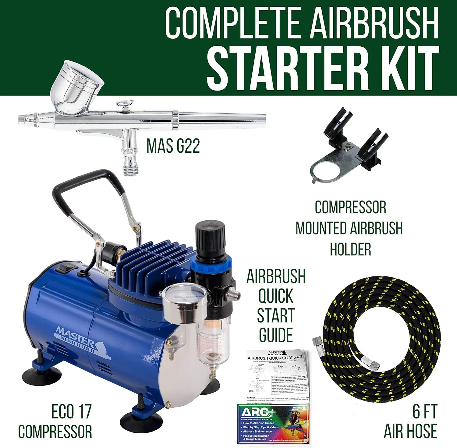 Professional Master Airbrush Multi-Purpose Gravity Feed Airbrushing System Kit - Model G22 Gravity Feed Dual-Action Airbrush with 1/3 oz. Fluid Cup and 0.3 mm Tip, Hose, Powerful 1/5hp Air Compressor