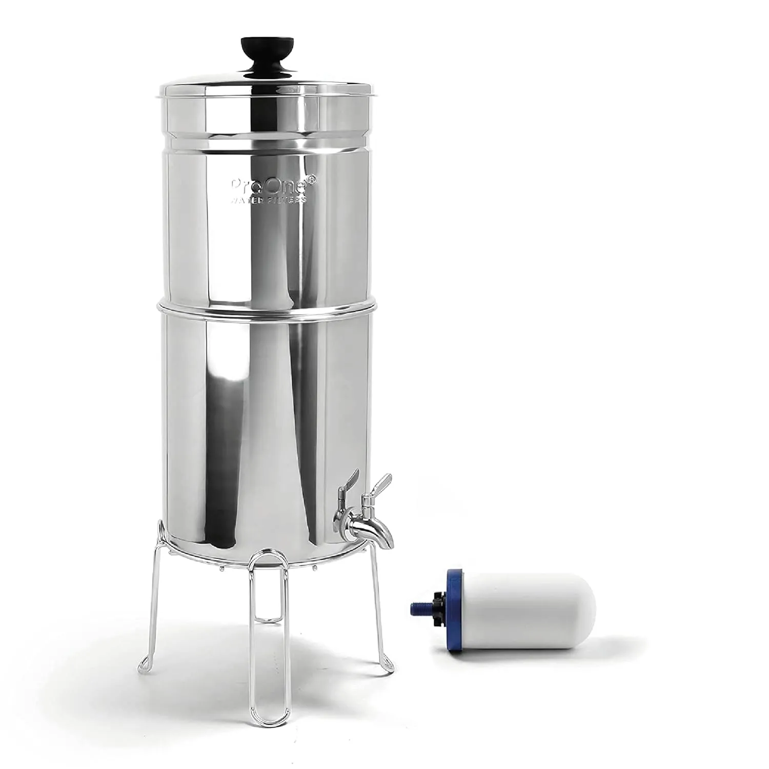 ProOne Traveler  Stainless-Steel Gravity Filter System, 2.25-Gallon Water Capacity, Countertop Water Dispenser for Home & Travel with One 5” Filter & Wire Stand, Independently Tested Proven to Reduce