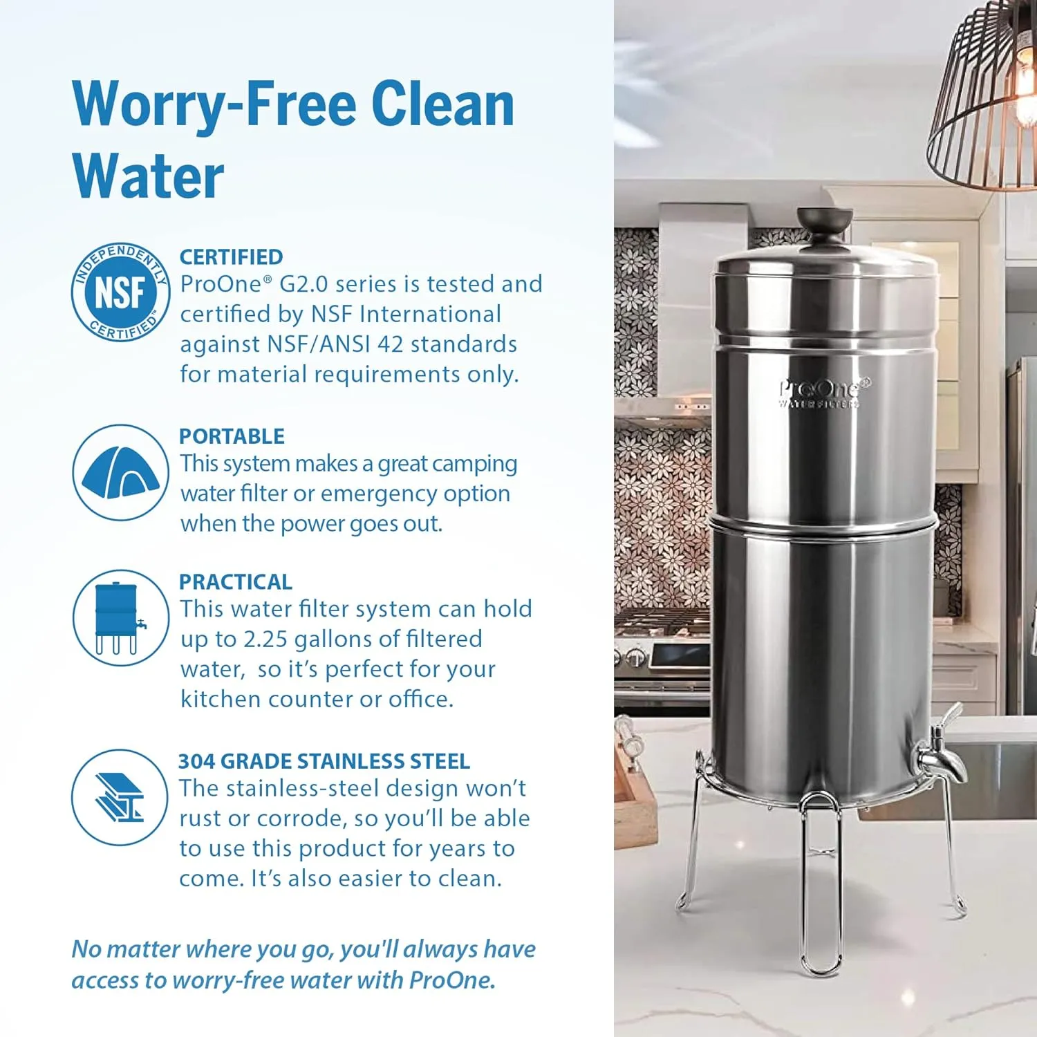 ProOne Traveler  Stainless-Steel Gravity Filter System, 2.25-Gallon Water Capacity, Countertop Water Dispenser for Home & Travel with One 5” Filter & Wire Stand, Independently Tested Proven to Reduce