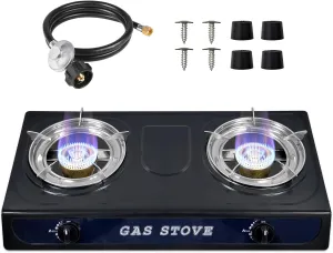 Propane Camping Stove 2 Burners for Outdoor Cooking, Portable Gas Stove Double Burner with CSA LPG Hose, Auto Ignition 17000 BTU Propane Stove