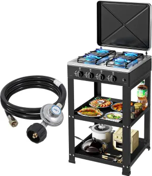 Propane Gas Stove-300000BTU Portable Gas Stove with Support Leg Stand and Wind Blocking Cover Adapter Auto Ignition Camping Stove 4 Burner LPG for RV, Apartment, Outdoor Cooking
