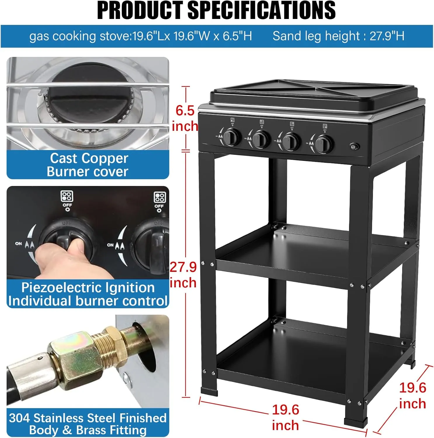 Propane Gas Stove-300000BTU Portable Gas Stove with Support Leg Stand and Wind Blocking Cover Adapter Auto Ignition Camping Stove 4 Burner LPG for RV, Apartment, Outdoor Cooking