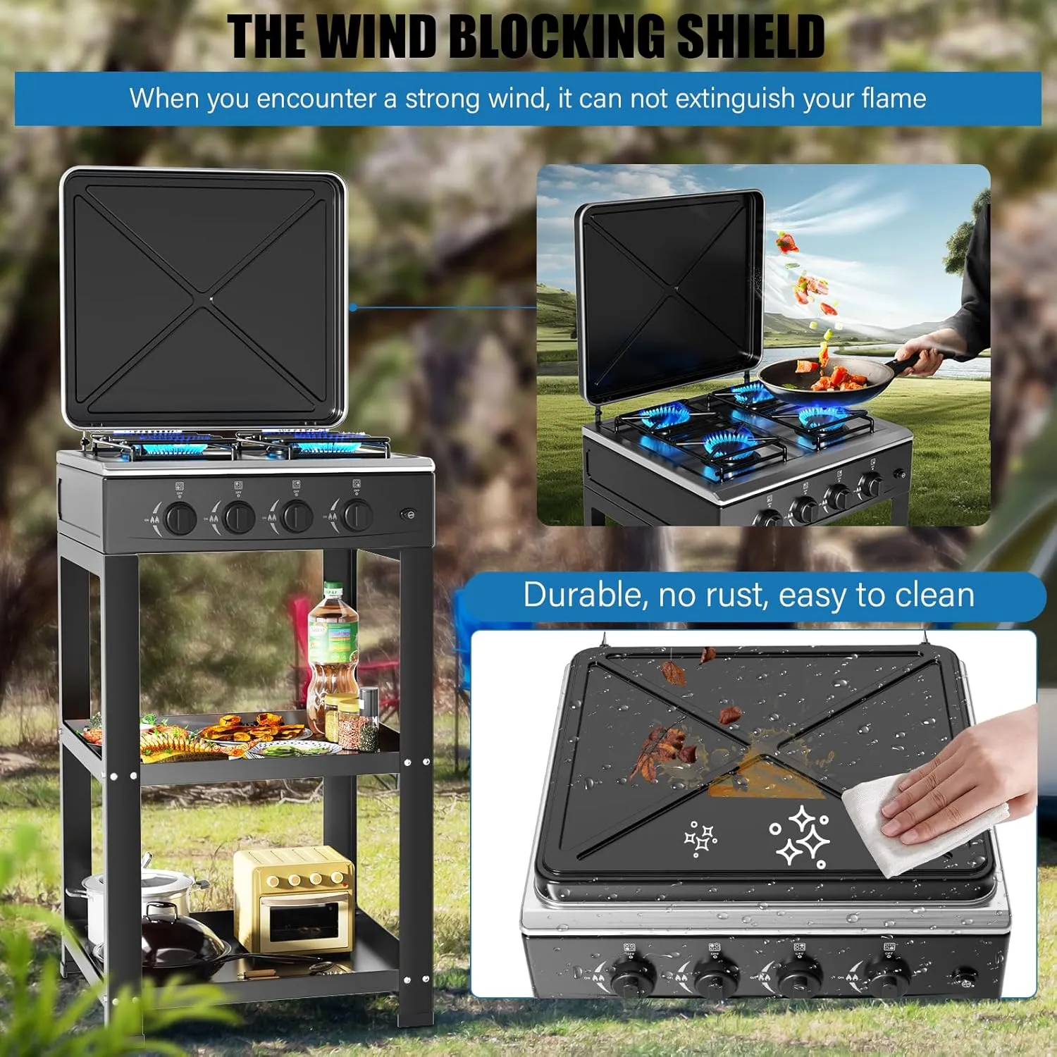 Propane Gas Stove-300000BTU Portable Gas Stove with Support Leg Stand and Wind Blocking Cover Adapter Auto Ignition Camping Stove 4 Burner LPG for RV, Apartment, Outdoor Cooking