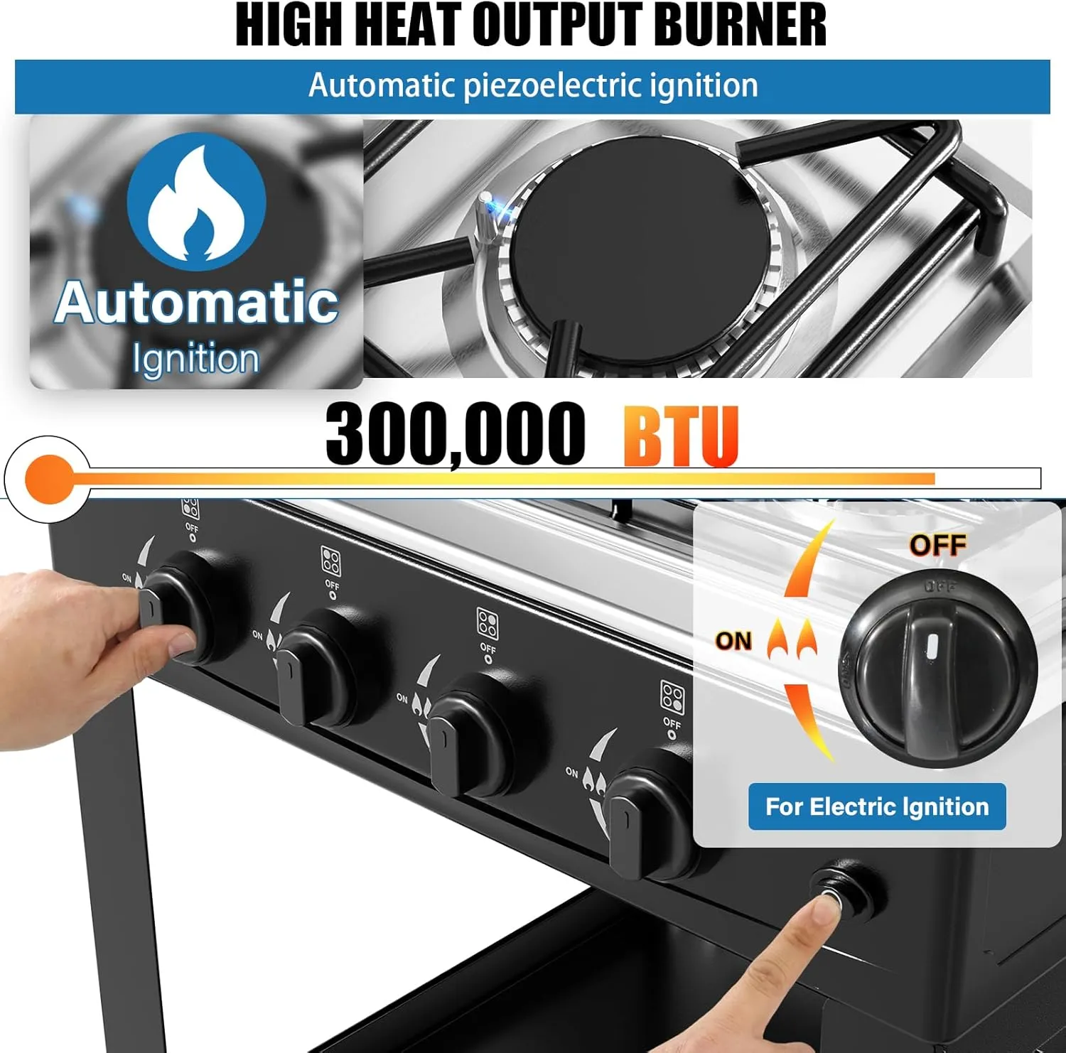 Propane Gas Stove-300000BTU Portable Gas Stove with Support Leg Stand and Wind Blocking Cover Adapter Auto Ignition Camping Stove 4 Burner LPG for RV, Apartment, Outdoor Cooking