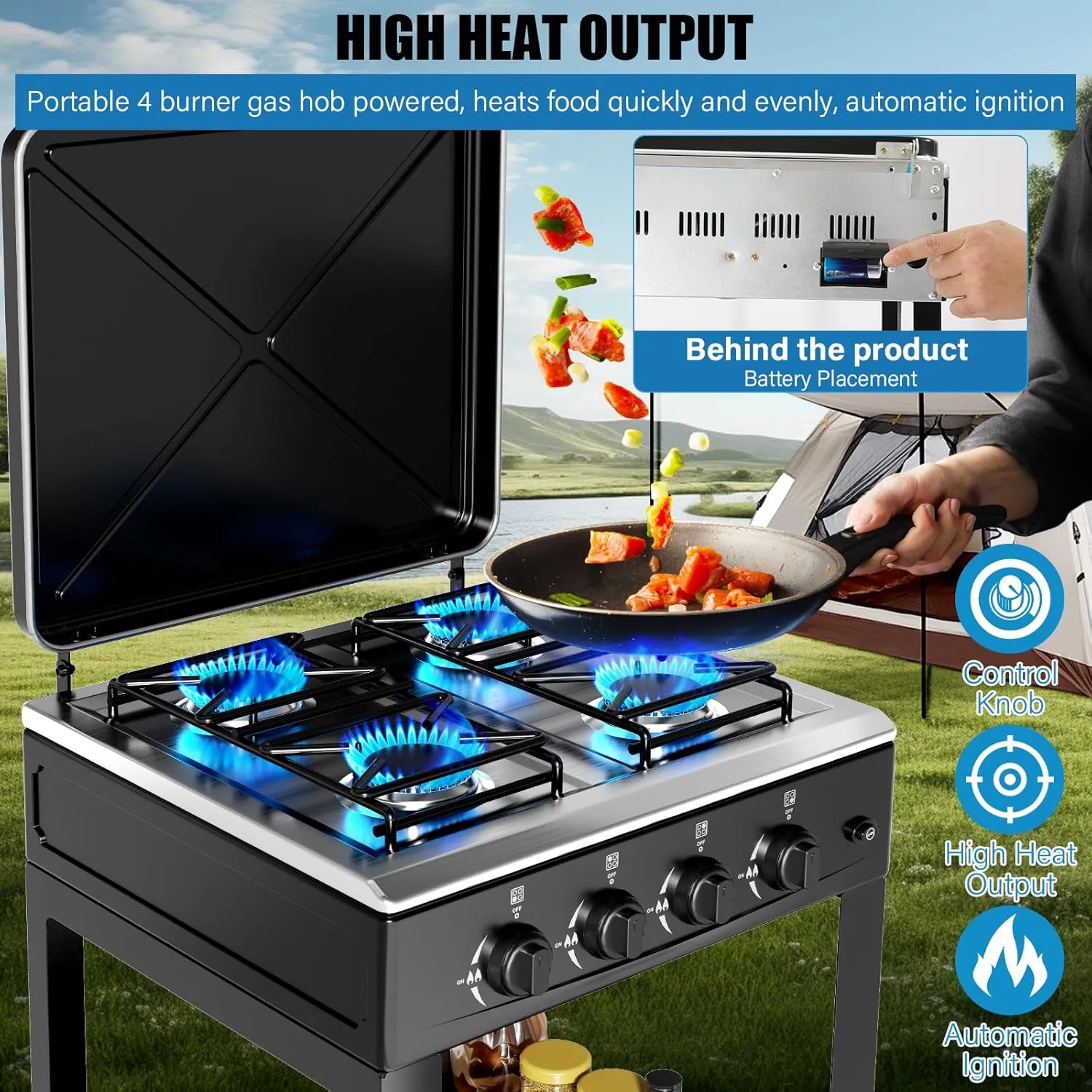 Propane Gas Stove-300000BTU Portable Gas Stove with Support Leg Stand and Wind Blocking Cover Adapter Auto Ignition Camping Stove 4 Burner LPG for RV, Apartment, Outdoor Cooking