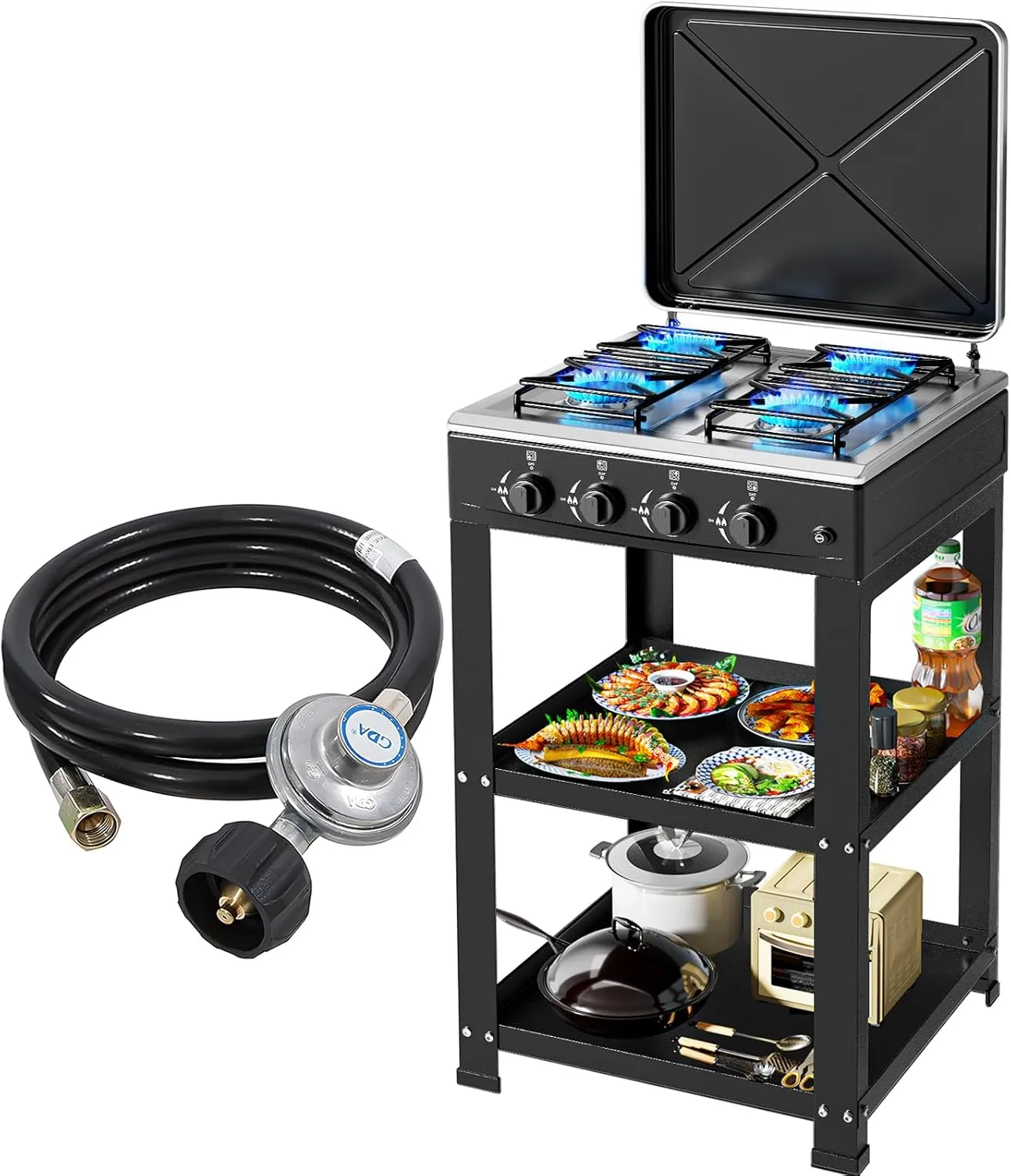 Propane Gas Stove-300000BTU Portable Gas Stove with Support Leg Stand and Wind Blocking Cover Adapter Auto Ignition Camping Stove 4 Burner LPG for RV, Apartment, Outdoor Cooking