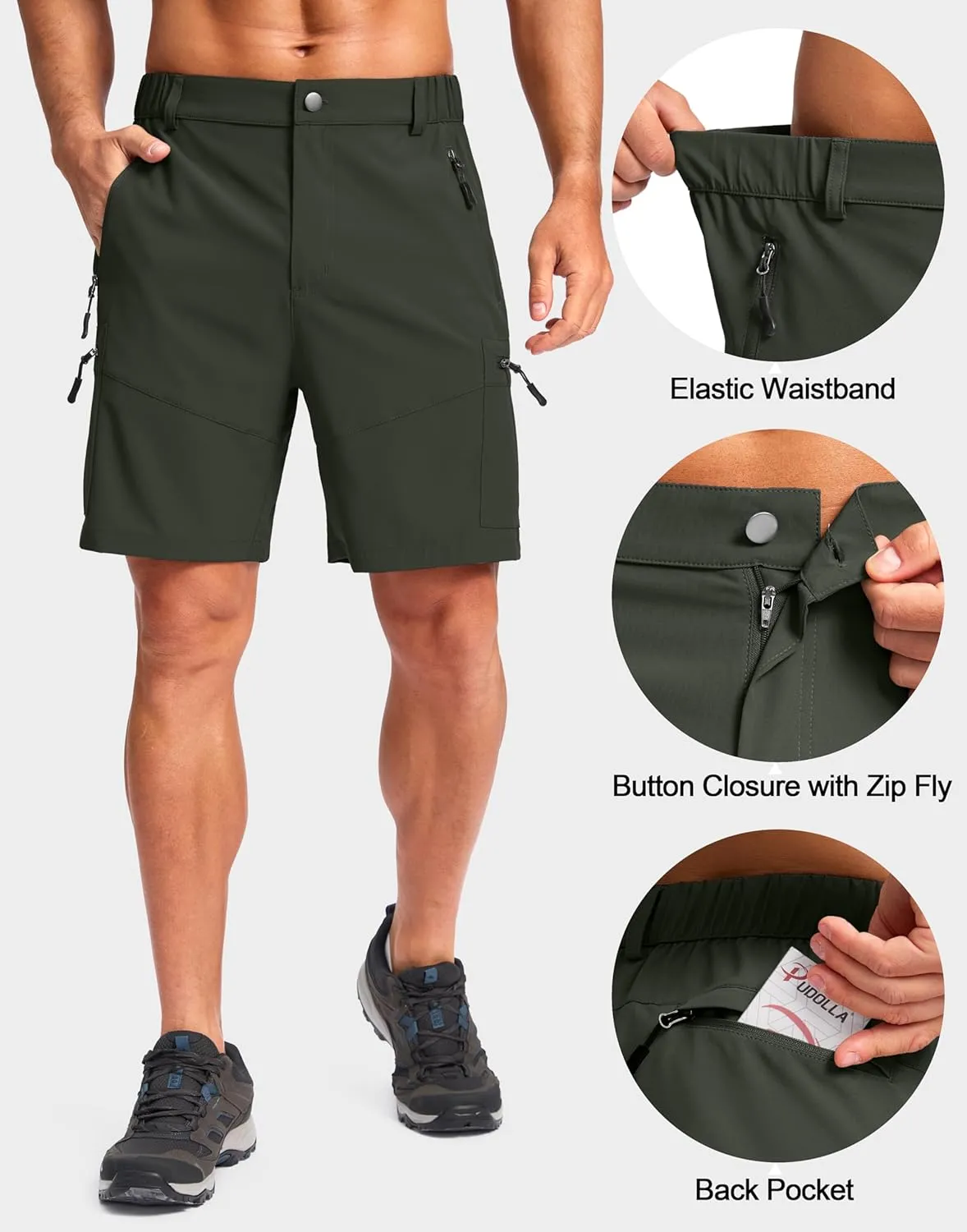 Pudolla Men's Hiking Cargo Shorts Lightweight 7" Travel Casual Shorts for Men Golf Work Outdoor with 5 Zipper Pockets