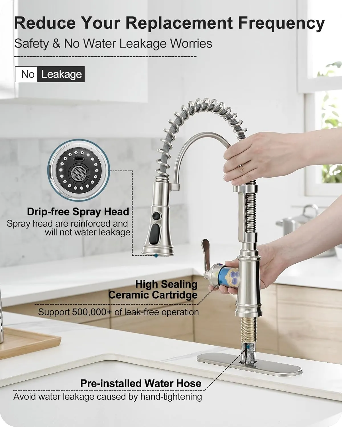 Pull-down Sprayer Kitchen Faucets Brushed Nickel 3 Mode Single Hole Kitchen Faucet 3 Hole, 360 Degree Swivel Stainless Steel Faucet for Kitchen Sink, 1 Handle Kitchen Sink Faucet with Deck Plate