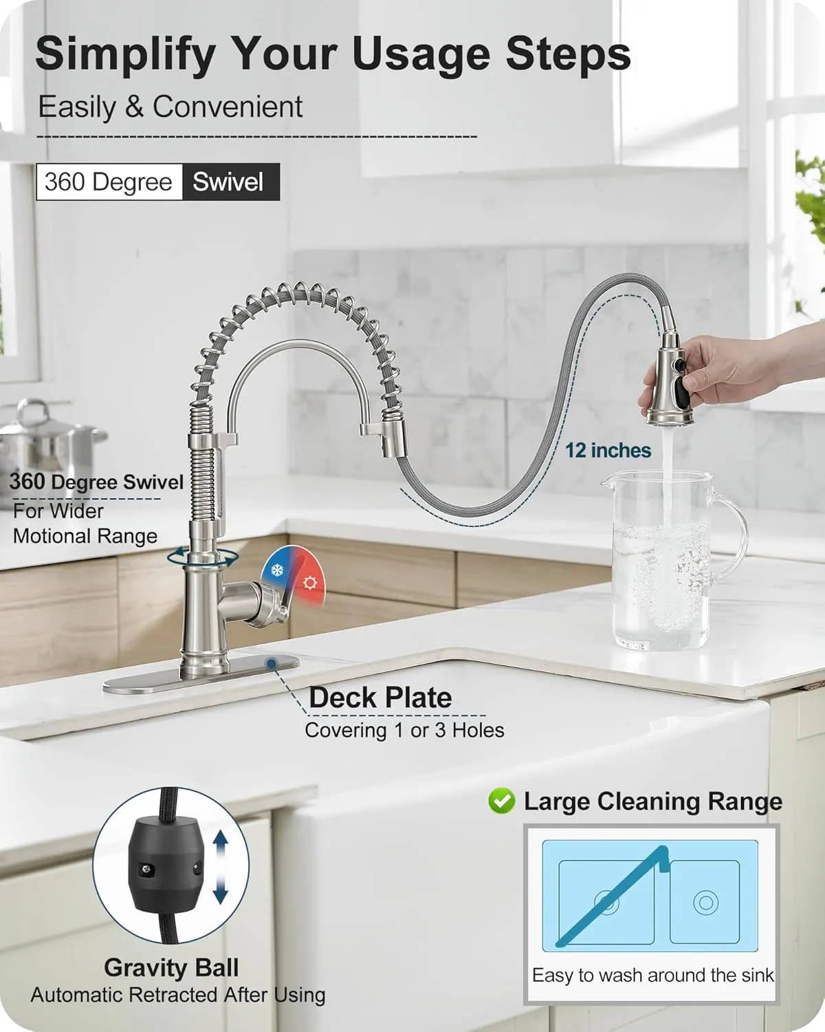 Pull-down Sprayer Kitchen Faucets Brushed Nickel 3 Mode Single Hole Kitchen Faucet 3 Hole, 360 Degree Swivel Stainless Steel Faucet for Kitchen Sink, 1 Handle Kitchen Sink Faucet with Deck Plate
