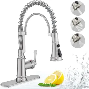 Pull-down Sprayer Kitchen Faucets Brushed Nickel 3 Mode Single Hole Kitchen Faucet 3 Hole, 360 Degree Swivel Stainless Steel Faucet for Kitchen Sink, 1 Handle Kitchen Sink Faucet with Deck Plate