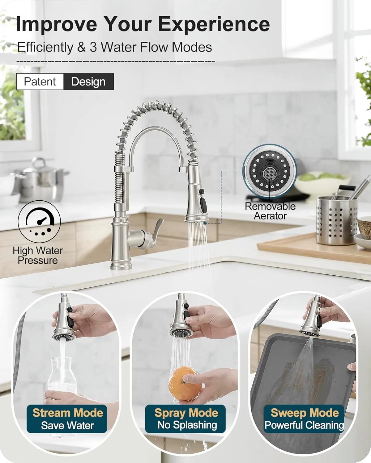 Pull-down Sprayer Kitchen Faucets Brushed Nickel 3 Mode Single Hole Kitchen Faucet 3 Hole, 360 Degree Swivel Stainless Steel Faucet for Kitchen Sink, 1 Handle Kitchen Sink Faucet with Deck Plate