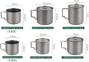 Pure Titanium Outdoor Mug Camping Folding Cup Camping Titanium Cup with Lid 3PCS(750ml)