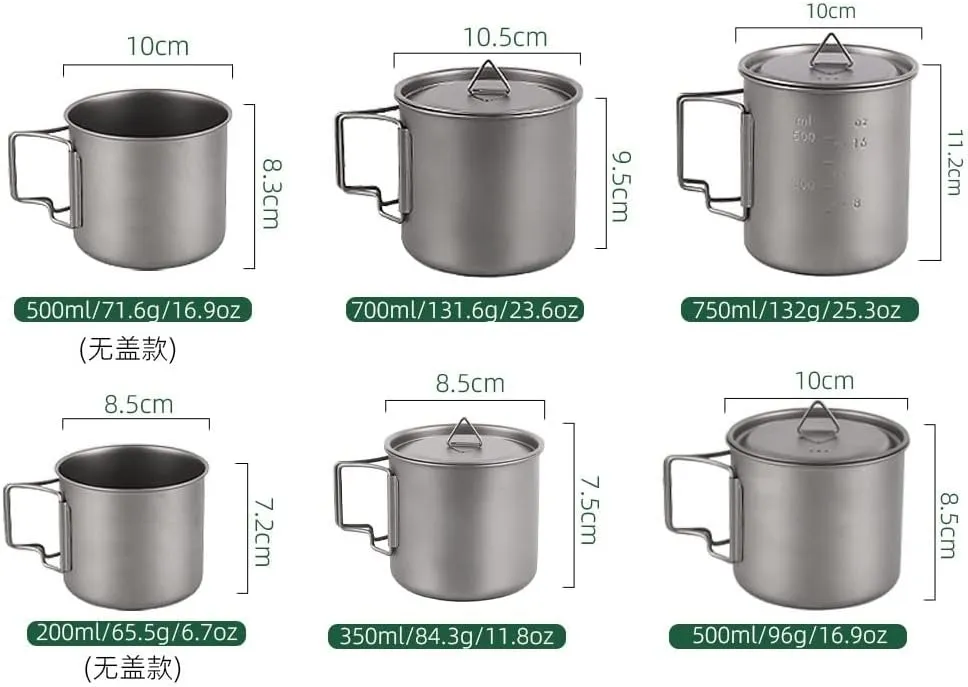 Pure Titanium Outdoor Mug Camping Folding Cup Camping Titanium Cup with Lid 3PCS(750ml)