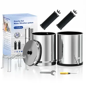 Purewell Gravity-Fed Water Filter System, 1.5 Gallon Stainless Steel Countertop Filtration System with 2 Black Purification Elements and Metal Spigot for Home and Outdoor Use（with Stand）