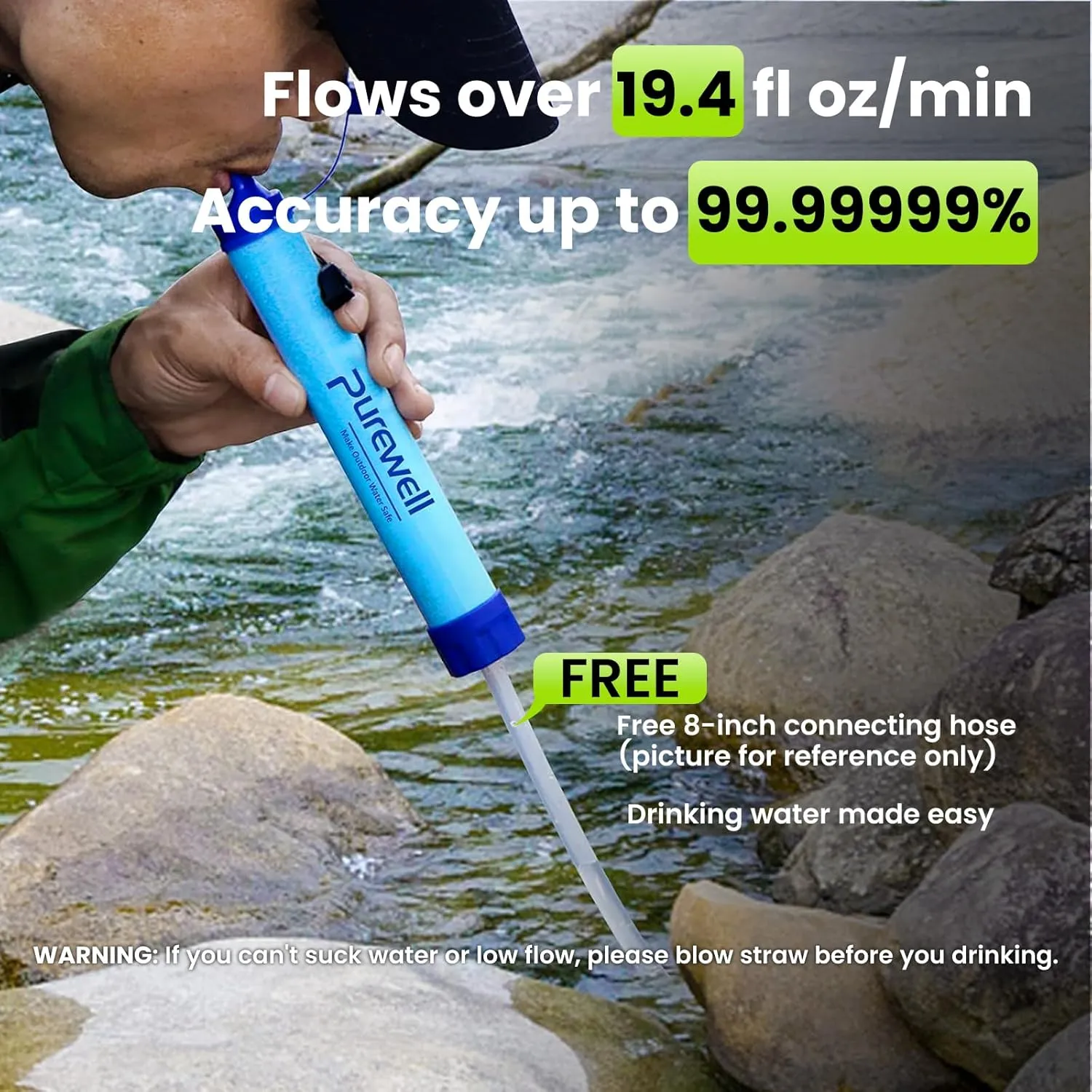 Purewell Outdoor Water Filter Personal Water Filtration Straw Emergency Survival Gear Water Purifier for Camping Hiking Climbing Backpacking(8PCS)