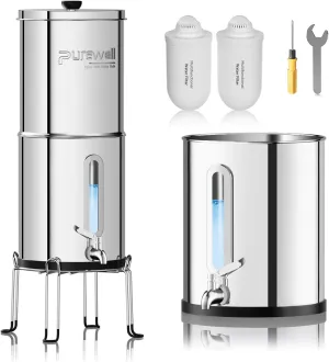 Purewell Upgraded 6-Stage 0.01μm Ultra-Filtration Gravity Water Filter System with Water Level Window, 304 Stainless Steel Countertop System with 2 Filters and Stand, Reduce 99% Chlorine, 2.25G, PW-FH