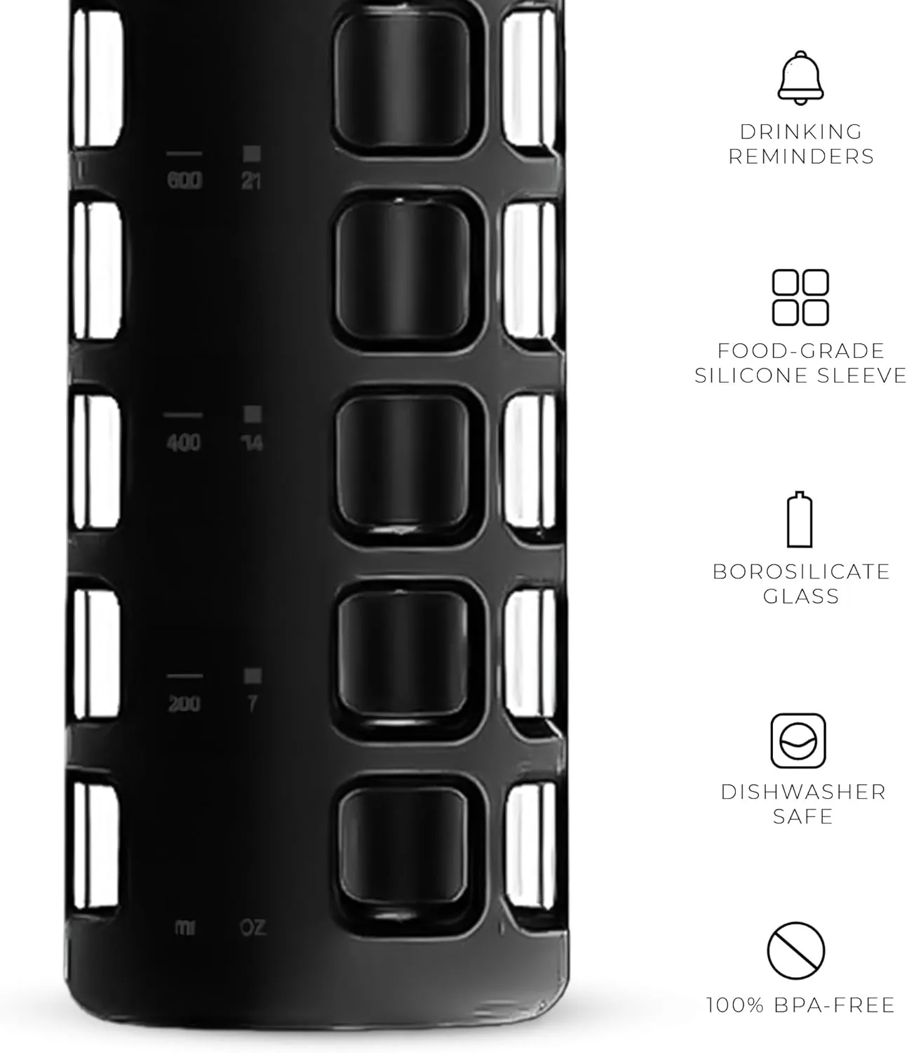 purifyou 40/32 / 22/12 oz Glass Water Bottles with Volume & Times to Drink, Extra Thick Silicone Sleeve, Reusable Bottle for Fridge Water, Milk, Juice (32oz Jet Black)