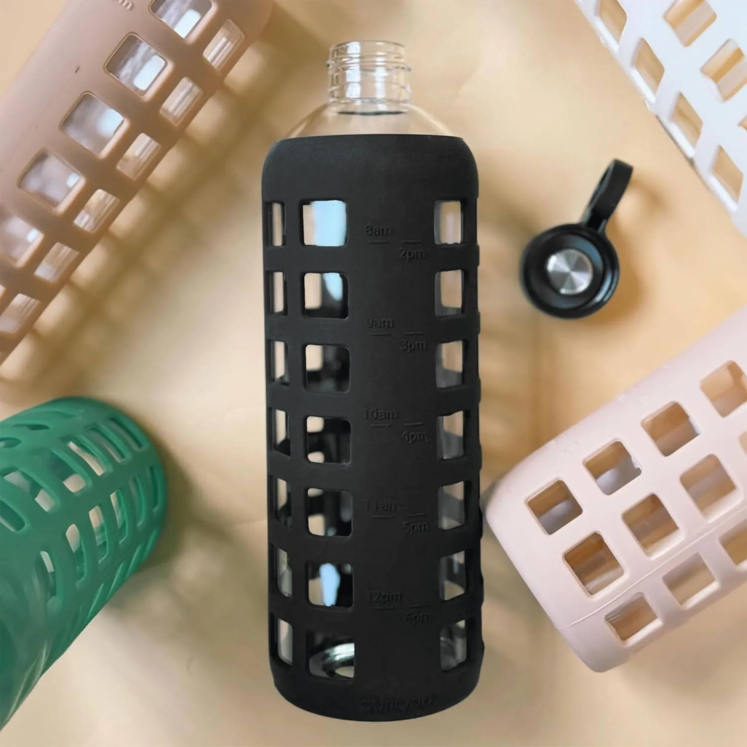 purifyou 40/32 / 22/12 oz Glass Water Bottles with Volume & Times to Drink, Extra Thick Silicone Sleeve, Reusable Bottle for Fridge Water, Milk, Juice (32oz Jet Black)