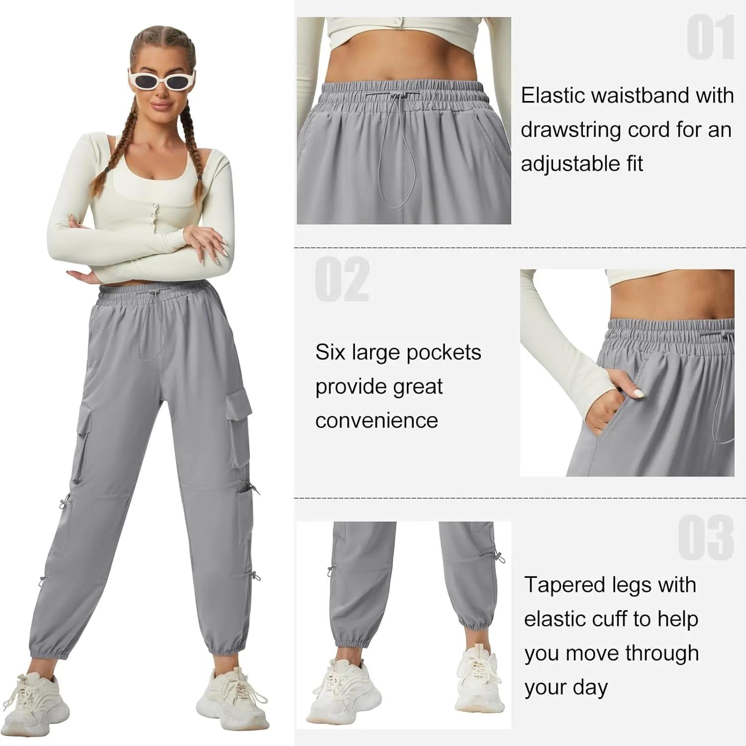 Quick Dry Cargo Pants Lightweight Tactical Hiking Pants with 6 Pockets for Women, Elastic Waist and Water-Resistant