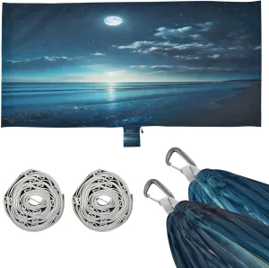 Quiet Night Moon Ocean Camping Hammock, Single Portable Hammocks with Tree Straps & Attached Carry Bag, 330Lbs Capacity Perfect for Outside Indoor Hiking Beach Backpack Travel