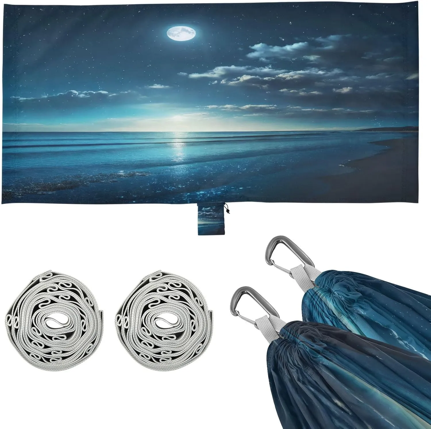 Quiet Night Moon Ocean Camping Hammock, Single Portable Hammocks with Tree Straps & Attached Carry Bag, 330Lbs Capacity Perfect for Outside Indoor Hiking Beach Backpack Travel