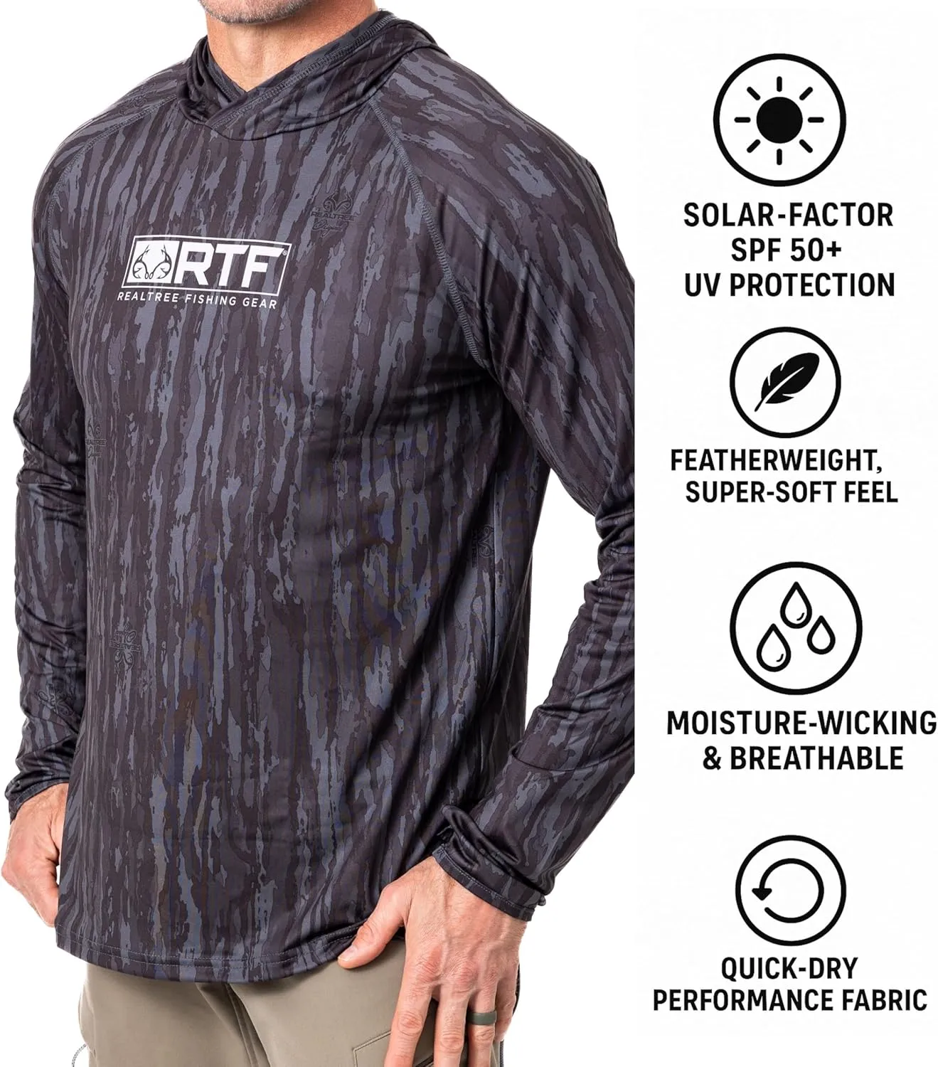 Realtree Men's Camo Sun Hooded Shirts, Lightweight, Breathable for Fishing, Hiking and Outdoors