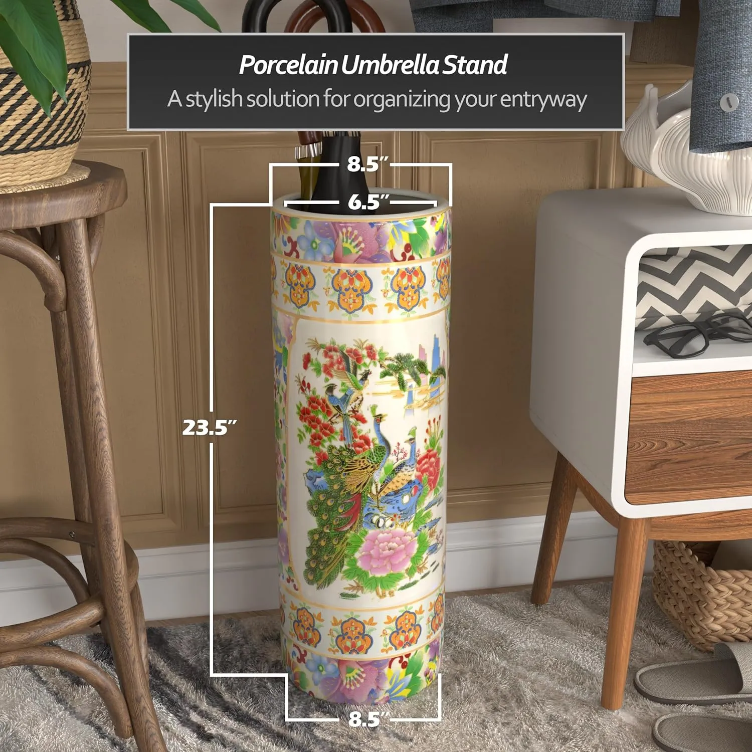 Red Lantern 24" Satsuma Birds & Flowers Porcelain Umbrella Stand for Indoor/Outdoor Use in Garden Entryway Living Room Boho Eclectic Modern Contemporary Classic Traditional Style Decor