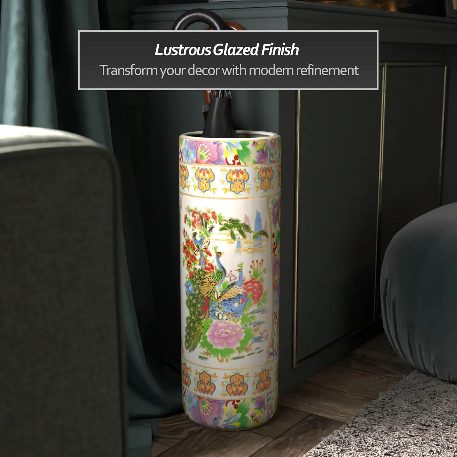 Red Lantern 24" Satsuma Birds & Flowers Porcelain Umbrella Stand for Indoor/Outdoor Use in Garden Entryway Living Room Boho Eclectic Modern Contemporary Classic Traditional Style Decor