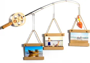 RELIY Wood Fishing Pole Wall Decor with 3 4”X4” Frames, Wall Decor for Fishing Lovers & Fishermen