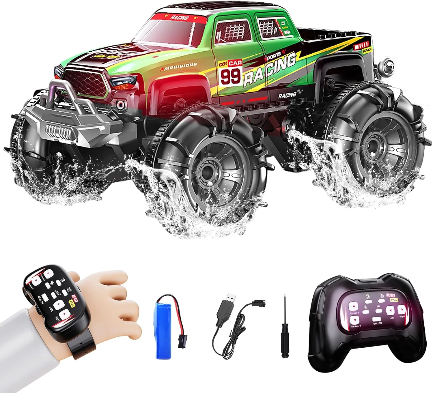 Remote Control Amphibious Monster Truck, 2.4GHz Dual Control with Watch & Controller, 360° Rotating RC Car with LED Lights, Racing Green (Green)