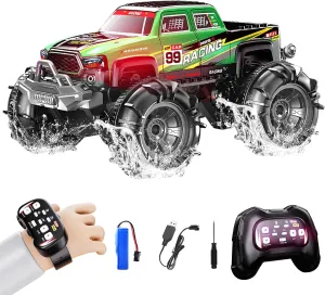 Remote Control Amphibious Monster Truck, 2.4GHz Dual Control with Watch & Controller, 360° Rotating RC Car with LED Lights, Racing Green (Green)
